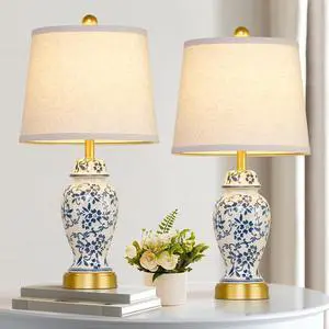 RORIANO Chinoiserie Ceramic Table Lamps Set of 2 for Living Room Bedroom Bedside, Traditional Blue Porcelain Classic Table Lamp for Nightstand Entryway, 2 LED Bulbs Included (Gold)