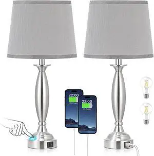 Bedrooms Touch Control Bedside Lamp with USB C+A, 3 Way Dimmable Nightstand Lamps with USB Port, Brushed Nickel Table Lamp for Living Room Guest Room Bed Side End Table, Set of 2 Bedrooms Touch Control Bedside Lamp with USB C+A, 3 Way Dimmable Nightstand Lamps with USB Port, Brushed Nickel Table Lamp for Living Room Guest Room Bed Side End Table, Set of 2