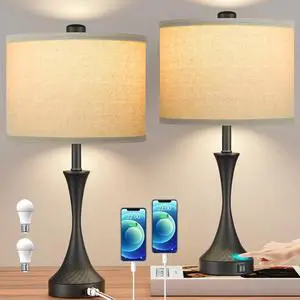 26" Black Touch Table Lamps for Living Room, Modern Farmhouse Touch Lamps for Night Stands Set of 2 with USB Ports, 3 Way Dimmable Bedside Lamps for Bedroom Side Table