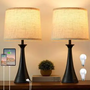 Touch Table Lamp for Living Room Bedroom, 21" Table Lamps Set of 2 with USB C+A Ports, Touch Bedside Lamps for Nightstand with 3 Way Dimmable, 2 LED Bulbs Included, Black