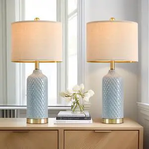 24.25" Modern Ceramic Blue Table Lamps Set of 2 for Living Room, Farmhouse, Bedside, Coastal Bedroom, Side & End Tables