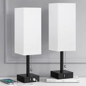 Bedside Table Lamps Set of 2 - Small White Bedroom Lamps with 3 Color Temperatures (3000K/5000K/4000K), Square Nightstand Lamp with USB C + A Charging Ports, Pull Chain Night Light Bedside Table Lamps Set of 2 - Small White Bedroom Lamps with 3 Color Temperatures (3000K/5000K/4000K), Square Nightstand Lamp with USB C + A Charging Ports, Pull Chain Night Light