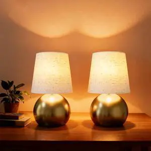 Set of 2 Small Gold Spherical Base Bedside Table Lamp with Textured Linen Shade (Bulb Included)