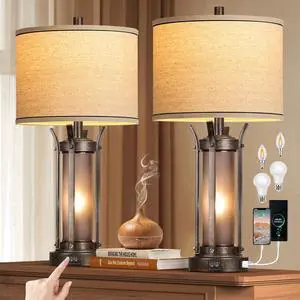QiMH Farmhouse Table Lamps for Living Room, Rustic Beside Lamps for Bedroom with USB A+C Charging Ports, Nightstand Lamp with Frosted Glass Night Light for Home Decor, 4 Bulbs Included (Bronze)