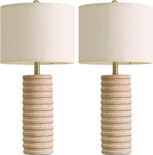 PoKat 27" Stone-Like Farmhouse Ceramic Table Lamps Set of 2 for Bedroom, Boho Nightstands Lamps for Night Stands, Distressed Beige Bedside Lamps with Natural Textured for Living Room, Sand-Colored