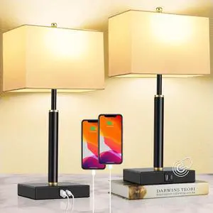 Touch Bedside Lamps Set of 2 for Nightstand, 3-Way Dimmable Black Table Lamps with USB-C & USB-A Charging Ports and LED Bulbs for Bedroom, Living Room, Office