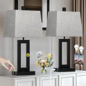 Touch Control Table Lamp Set of 2, Modern Black Bedside Lamps with USB C+A Ports & AC Outlet, 3 Way Dimmable Bedroom Lamps for Night Stands Bedroom Living Room,Nightstand Lamp