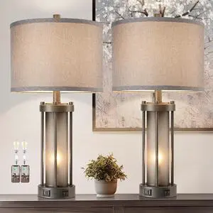 Set of 2 Rustic Table Lamps for Living Room with 2 USB Ports, Vintage Bedside Lamps with Gray Frosted Glass Night Light for Bedroom Desk Lamps for Entryway, 4 Bulbs Included