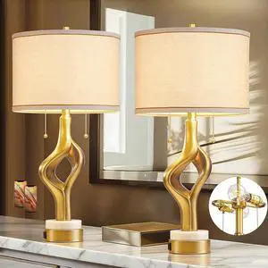 26 Modern Table Lamp Set of 2 for Living Room Bedroom, Gold Sculptural Table Lamp with 2 USB Ports, Resin Desk Lamps Marble Base with Double Pull Chains for Bedside End Tables, Bulb Included