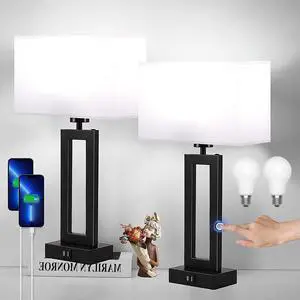 Lamps for Bedrooms - Set of 2 Modern Table Lamps with Touch Control, 3 Way Dimmable, USB C&A Charging, White&Black