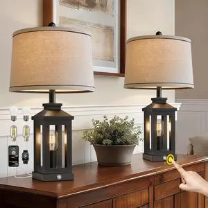 BOBOMOMO 23.75" Farmhouse Black Table Lamps Set of 2 Rustic Bedside Lamps with 3 Way Dimmable Touch Control Night Light & USB A+C Ports, Modern Lamp for Bedroom, Living Room, Entryway