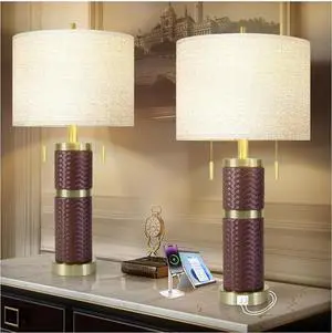 Woven Leather Table Lamps Set of 2, Lamps for Night Stands, 25" Bedside Lamps with USB A+C Ports, Linen Shade, Modern Table Lamps for Bedroom Living Room Office Reading(Bulb Included)