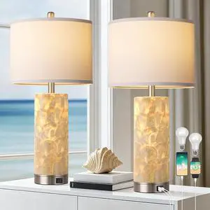 PARTPHONER Coastal Table Lamps for Living Room Set of 2, Bedside Lamps with Night Light, USB A+C Ports, 4-Way Rotary Switch, Seashell Nightstand Lamps for Bedroom and Home Office(LED Bulbs Included)