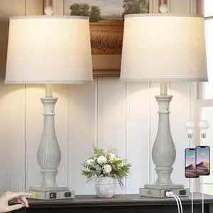 27.5" Farmhouse Table Lamps Set of 2 with USB C+A Ports & AC Outlet for Vintage Living Room Retro Bedroom, 3-Way Dimmable Touch Lamps Resin Bedside Lamps for Nightstand Side End Table, Grey