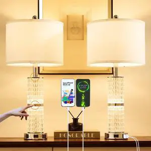 Crystal Table Lamp Set of 2, Modern Touch Lamp with Nightlight, 3-Way Dimmable Bedroom Lamp with 2 USB Ports & AC Outlets for Living Room Bedside Nightstand Lamp