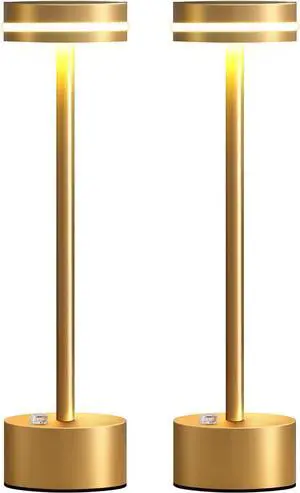 PUSU Cordless Table Lamp Set of 2, Battery Powered LED Desk Lamp Portable Table Lights 3-Level Brightness Touch Control, Lighting for Home Office Bedroom Hotel Restaurant Outdoor Night Light(Gold)