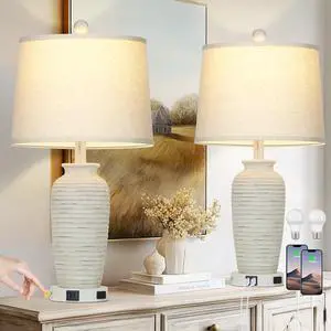 25" Retro White Farmhouse Jar Table Lamps Set of 2, 3 Way Touch Control Rustic Bedside Lamps with USB A+C Ports & AC Outlet, Pot Nightstand Lamps for Bedroom Living Room (LED Bulbs Included) 25" Retro White Farmhouse Jar Table Lamps Set of 2, 3 Way Touch Control Rustic Bedside Lamps with USB A+C Ports & AC Outlet, Pot Nightstand Lamps for Bedroom Living Room (LED Bulbs Included)