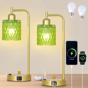 Green Table Lamp with USB Port and Outlet Set of 2, Glass Bedside Table Lamp for Bedroom, Retro Desk Lamps for Home Office, Mid Century Modern Small Night Stand Lamps, Gold Rustic Desk Light