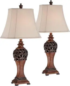 Regency Hill Exeter Traditional Style Table Lamps 30" Tall Full Size Set of 2 Bronze Wood Carved Leaf Creme Rectangular Bell Shade Decor for Living Room Bedroom House Bedside Nightstand Office