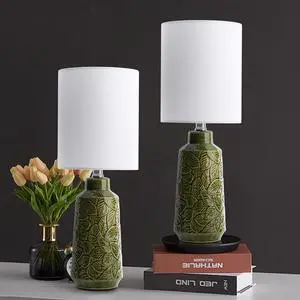 Ceramic Table Lamp Set of 2, 18" Modern Farmhouse Bedside Lamps with Leaf Pattern & White Linen Shade, Nightstand Lamps with Inline ON/Off Switch for Living Room, Bedroom, Dining Room