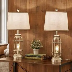 28.5" Retro Industrial Table Lamp for Living Room Bedroom Set of 2 Dimmable Touch Control Bedside Farmhouse Lamps with USB A+C Charging Ports and 2 Light Sources
