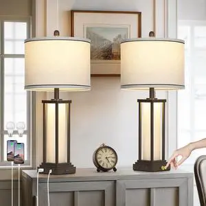 27in Tall Farmhouse Table Lamp Set of 2 with USB C+A & Outlet,Brown Industrial End Table Lamp for Living Room,Vintage Rustic Bedside Lamps with Night Light for Bedroom Nightstand,Brown