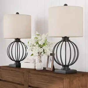 Modern Table Lamps - Set of 2 Wrought Iron Open Cage Lights with LED Bulbs - Rustic Farmhouse Style for Living Room or Bedroom by Lavish Home (Black)