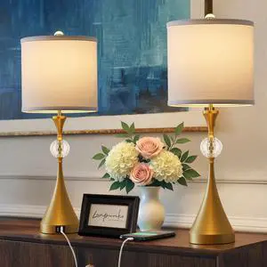 26'' Table Lamps for Living Room - Bedside Table Lamp Set of 2 with USB Port for Bedroom,3 Way Dimmable Nightstand Lamps for End Table Dorm Office Entryway Dining Room,Gold