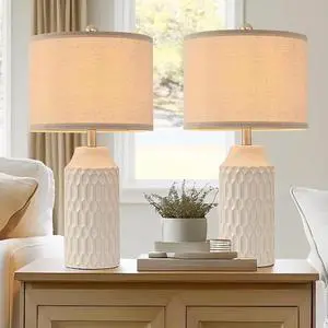 22IN Modern Ceramic Table Lamp Set of 2 White Lamps for Living Room Tall Bedroom Lamp Set Bedside Nightstand Lamps Set of Two Farmhouse Rustic Side Table Lamps for End Table Beige Desk Lamps