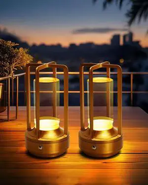 Set of 2 Cordless Table Lamps, LED Rechargeable Battery Operated Desk Lamps with 3 Color Stepless Dimmable, Small Light Portable for Outdoor Patio Bar Restaurants Bedroom Bedside (Gold)