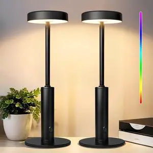 2 Pack Small Cordless Table Lamps Rechargeable,5000mAh Battery Operated Portable Desk Lamp,3 Colors & RGB Stepless Dimmable Wireless Touch Lamps for Restaurant Home Dinner Dining Patio(Black)