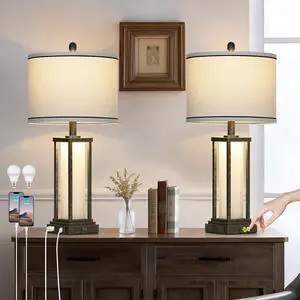 27in Tall Farmhouse Table Lamp Set of 2 with USB C+A & Outlet,Bronze Industrial End Table Lamp for Living Room,Vintage Rustic Bedside Lamps with Night Light for Bedroom Nightstand,Bronze