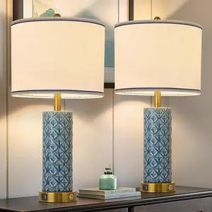 Set of 2 Table Lamp for Living Room Bedroom Farmhouse,26'' Touch Control Bedroom Aqua Blue Ceramic Lamps 3-Way Dimmable Bedside Lamps with USB A+C Ports Linen Shade for Home