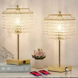 Luvkczc Set of 2 USB Bedside Crystal Table Lamp Gold, Touch Control Lamp, 3-Way Dimmable Lamp with Crystal Shade for Bedroom, Living Room, 6W LED Bulb Included