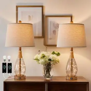 OYEARS Table Lamp Sets of 2,Lamps for Living Room,Bedside Lamps with USB A+C and Nightlight,Retro Farmhouse Rattan Glass,for Bedroom Living Room Bedroom,Two Light Points,23"