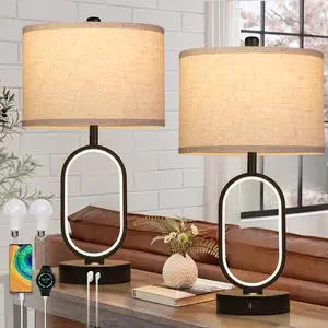 23" Bedside Lamps Set of 2, Farmhouse 3-Way Dimmable Touch Lamps for Nightstand, Built-in Night Light Bedside Table Lamp with USB A+C Ports, Black Table Lamp, LED Bulbs Included