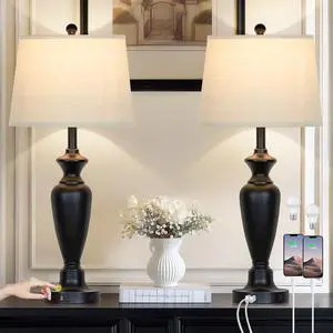 30" Tall Table Lamps Set of 2, Touch Control Bedside Lamp with USB A+C Ports and AC Outlet, 3-Way Dimmable Modern Metal Nightstand Lamp for Bedroom Living Room, 2 LED Bulbs Included, Black