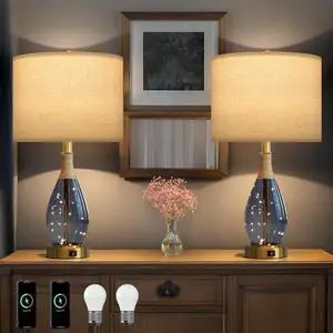 OYEARS 23" Table Lamps for Living Room Set of 2 Bedside Lamps for Night Stands Bedroom Lamps Farmhouse Rattan Boho Lamp Glass Nightlight End Table Lamp with USB C+A (Blue),Two Light Points