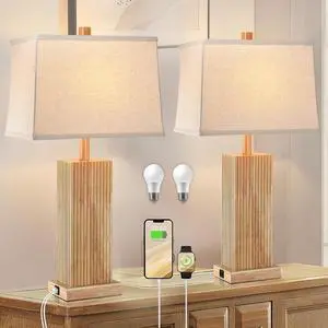 27.5" Wood Table Lamps Set of 2, Modern Farmhouse Bedroom Lamp for Nightstand with USB Charging Port, Natural Wooden Base Table Lamp for Living Room Bedroom, Bulbs Included (Natural Wood)