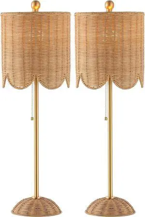 JONATHAN Y JYL1138A-SET2 Celerie 27.5" Coastal Bohemian Rattan/Iron Scalloped Buffet LED Table Lamp with Pull Chain, for Entry Console, Bedroom, Dining Room, Natural/Brass Gold (Set of 2)