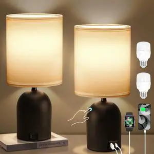 Bedside Black Table Lamps Set of 2 for Bedroom, 3 Way Dimmable Touch Nightstand Lamp with USB C and A Ports Small Table Desk Lamp for Bedroom, Reading Room, Office, Dorm Black/White