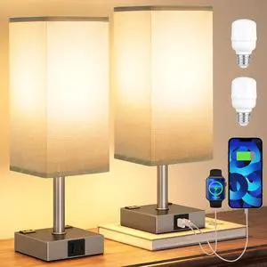 aooshine Dark Grey Touch Lamps Set of 2 - Nightstand Lamp with USB-C + A Charge Ports & AC Outlets, 3-Way Dimmable Bedside Lamp, Small Table Lamp Light for Bedroom (Bulb Included)