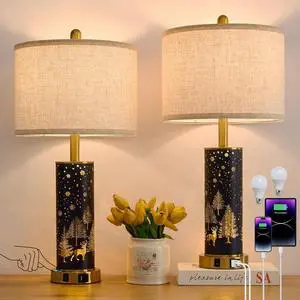 26.5" Farmhouse Table Lamp Set of 2, 3-Way Dimmable Touch Control Bedside Lamps Vintage Rustic Side Table Nightstand Lamps for Bedroom Living Room Study Room (Gold-Blue)