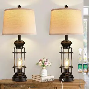 Black Table Lamps Set of 2, 28.5" Farmhouse Lamps for Living Room with USB C+A Ports, Touch Lamps for Bedroom, LED Bulbs Included