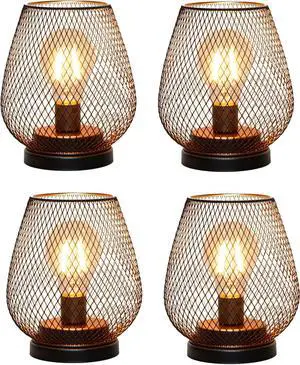 TRIROCKS Set of 4 Battery Operated Lamp LED Table Lantern, Metal Cage Cordless Lamps with LED BulbVintage Decorative Outdoor Lantern for Weddings, Parties, Patio, Events for Indoors Shelf Decor