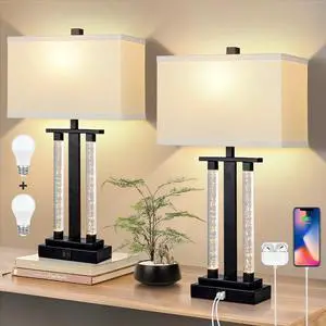 Modern Table Lamps Set of 2, 3-Way Lighting Modes Bedside Lamp for Bedroom Nightstand with USB Charging Port & Type C, 23" Black Table Lamps for Living Room, 2 Bulbs Included