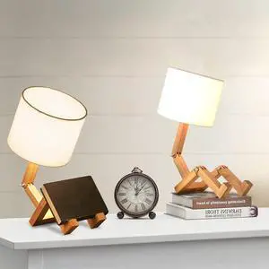 ELINKUME Robot Desk Lamp Set of 2, Creative Bedside Lamp for Bedroom,Wooden Lamp Body Adjustable,DIY E26 Living Room Table Lamps with Fabric Shade,Modern Indoor Decorative Lighting, TB-QBT005-WHM2