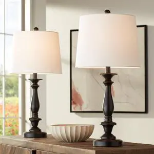 Regency Hill Percy Traditional Table Lamps 26" Tall Set of 2 Dark Bronze Brown Metal Candlestick White Tapered Drum Shade for Bedroom Living Room House Home Bedside Nightstand Office Family