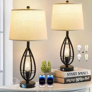 27.8" Farmhouse Table Lamps for Living Room Set of 2Black Lamps for Night Stands with USB A+CDimmable Touch Industrial Bedside LampsRustic Lamp for Bedroom End Tables