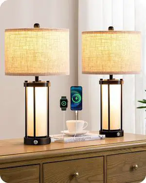 EDISHINE 22.44" Farmhouse Table Lamps with Night Light, 3 Way Dimmable Touch Control Bedside Lamp Set of 2, Rustic Nightstand Lamp for Living Room, Bedroom, A+C USB Ports, Frosted Glass Shade